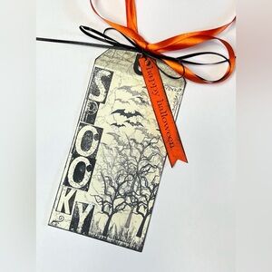 Hand-Stamped XL Spooky Halloween Gift Tag with Orange Ribbon - 6 1/4” x 3 1/4”